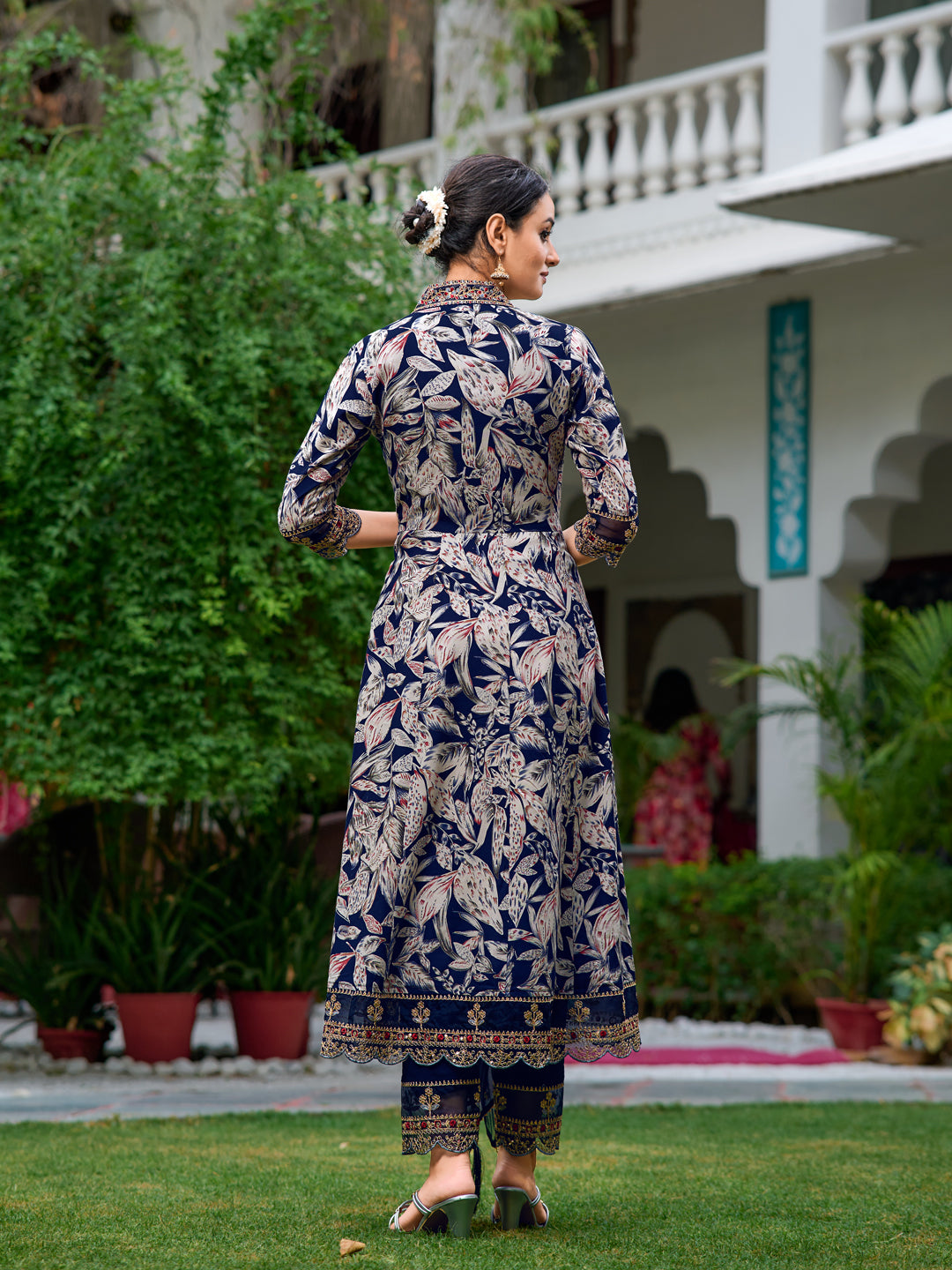 Embroidered & Botanical Printed Anarkali kurta with pant & Embroidered Dupatta (Navy Blue) Hiralal Fashion