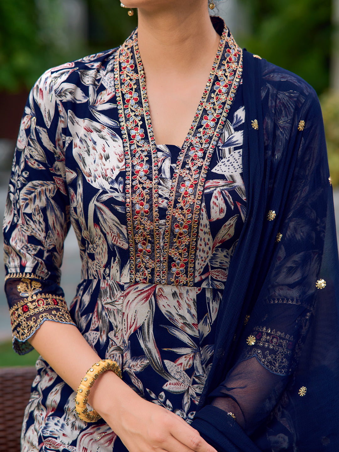 Embroidered & Botanical Printed Anarkali kurta with pant & Embroidered Dupatta (Navy Blue) Hiralal Fashion
