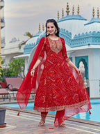 Embroidered & Bandhani Printed Flared Kurta with Pant & Printed Dupatta (Red) Hiralal Fashion