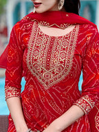 Embroidered & Bandhani Printed Flared Kurta with Pant & Printed Dupatta (Red) Hiralal Fashion