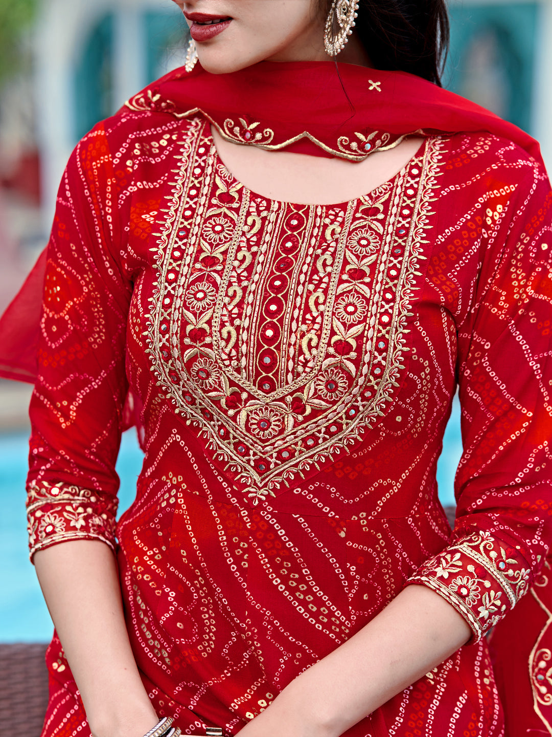 Embroidered & Bandhani Printed Flared Kurta with Pant & Printed Dupatta (Red) Hiralal Fashion
