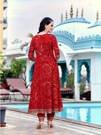 Embroidered & Bandhani Printed Flared Kurta with Pant & Printed Dupatta (Red) Hiralal Fashion