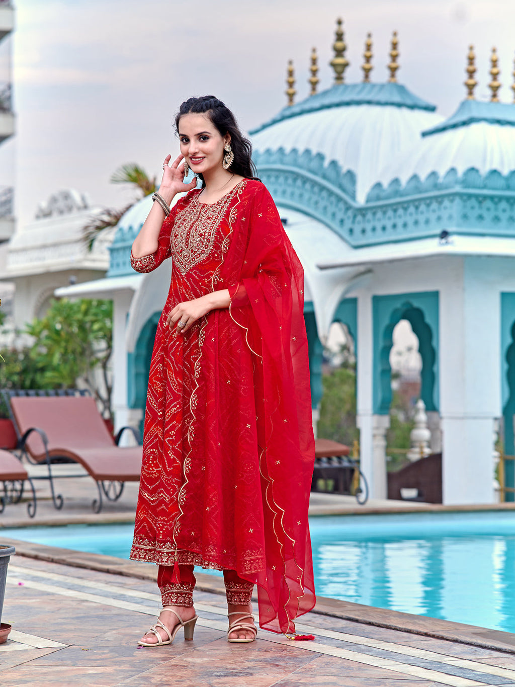 Embroidered & Bandhani Printed Flared Kurta with Pant & Printed Dupatta (Red) Hiralal Fashion