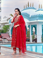 Embroidered & Bandhani Printed Flared Kurta with Pant & Printed Dupatta (Red) Hiralal Fashion