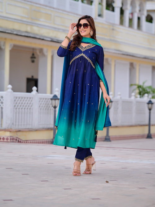 Alia Cut Embroidered Silk Blend Kurta with pant & Dupatta  (Navy Blue) Hiralal Fashion