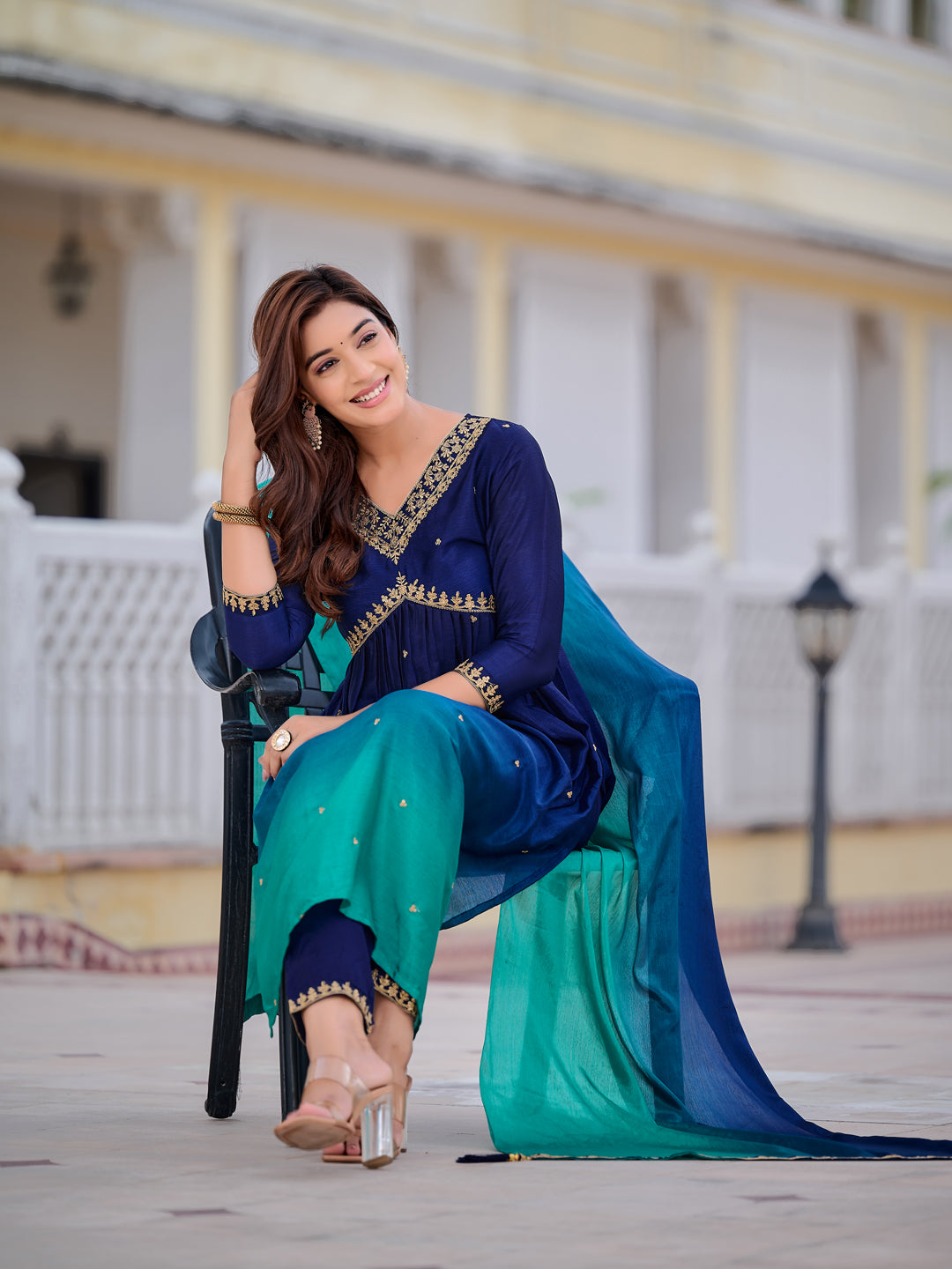 Alia Cut Embroidered Silk Blend Kurta with pant & Dupatta  (Navy Blue) Hiralal Fashion