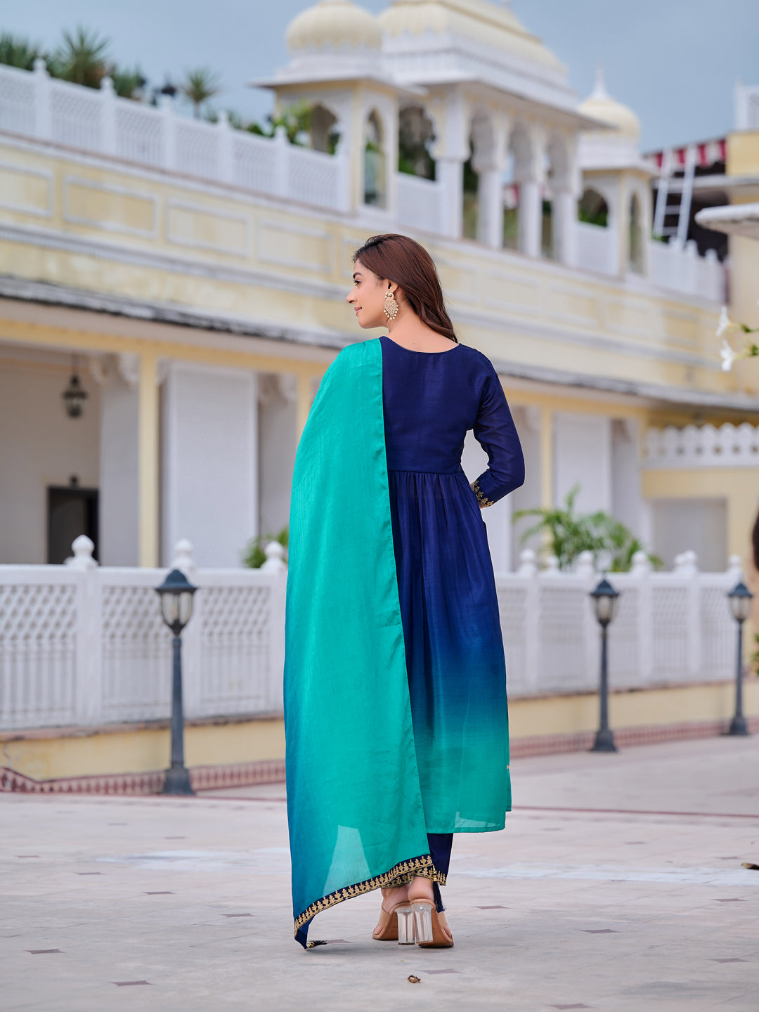 Alia Cut Embroidered Silk Blend Kurta with pant & Dupatta  (Navy Blue) Hiralal Fashion