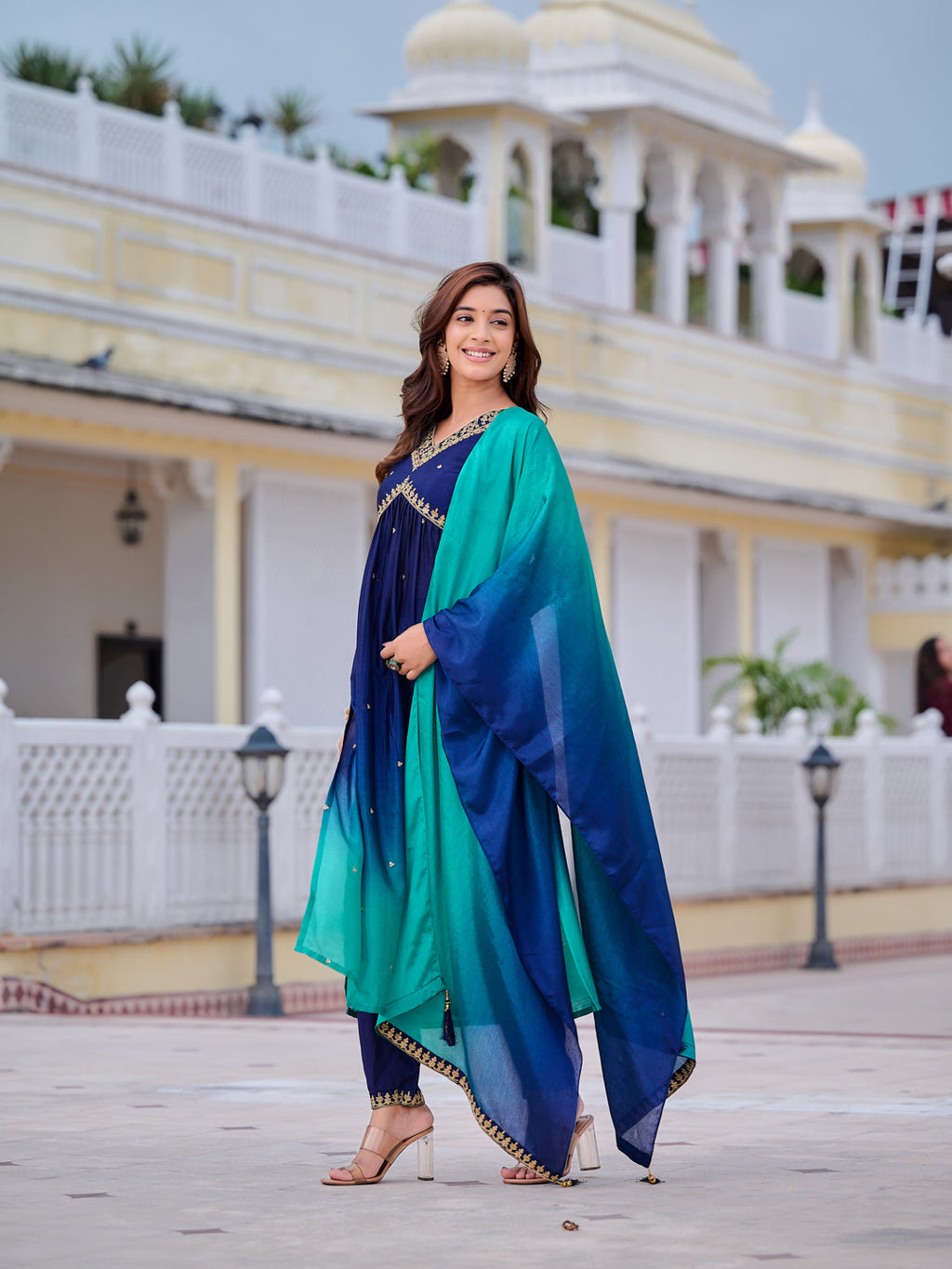 Alia Cut Embroidered Silk Blend Kurta with pant & Dupatta  (Navy Blue) Hiralal Fashion