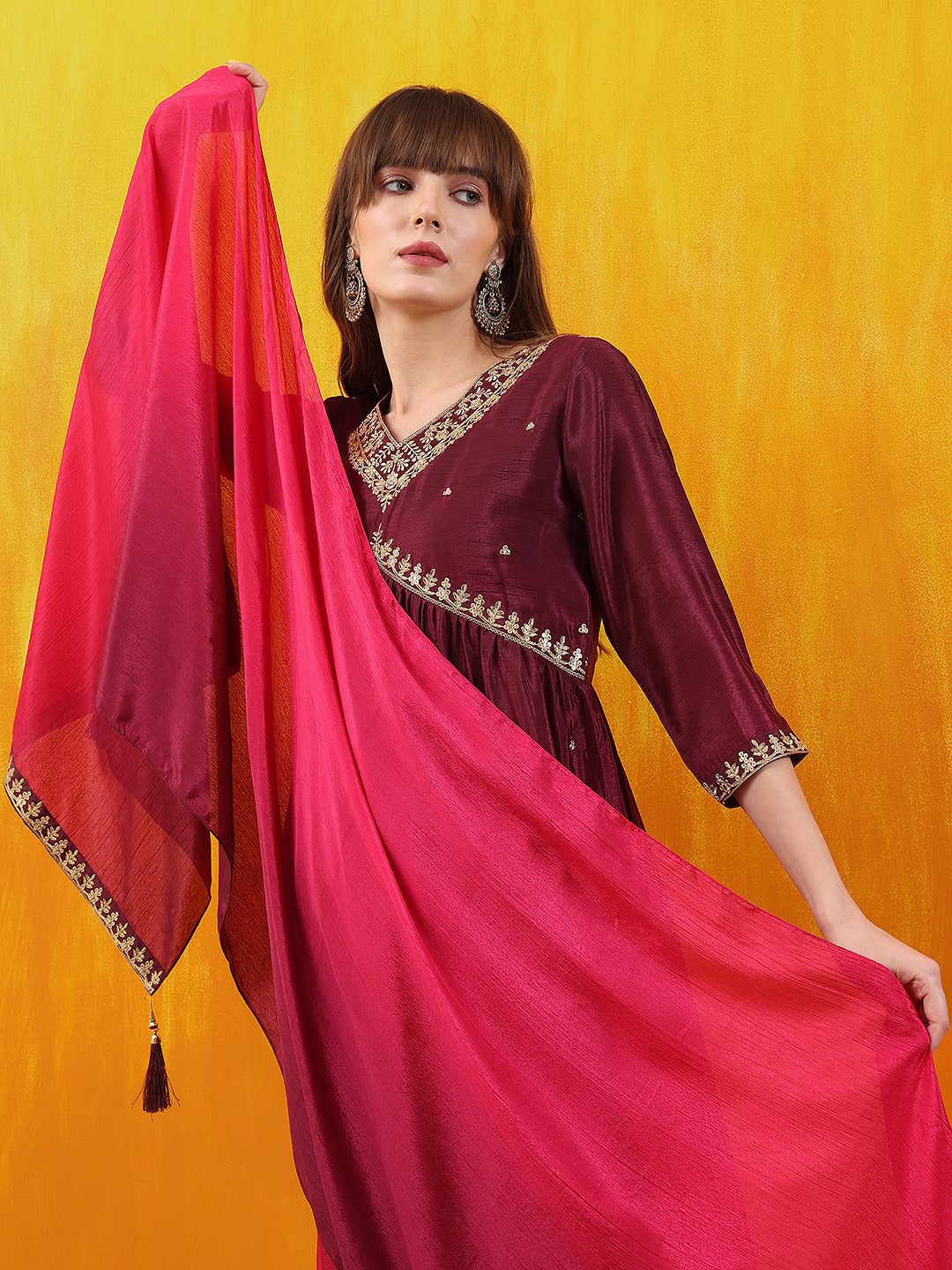 Alia Cut Embroidered Silk Blend Kurta with pant & Dupatta  (Wine) Hiralal Fashion
