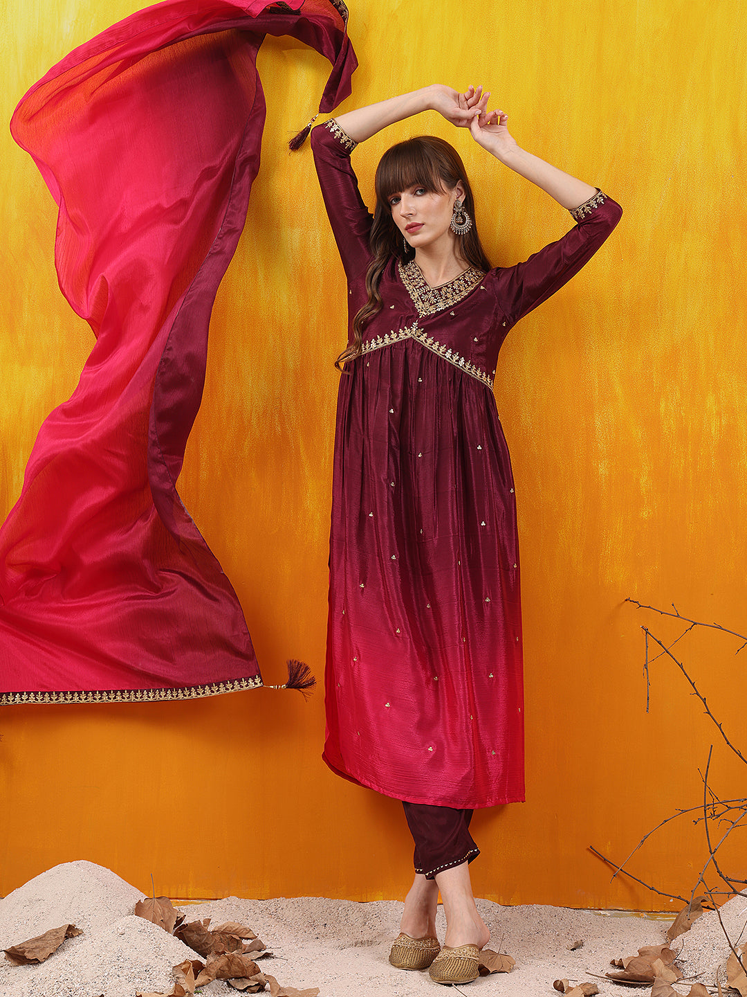 Alia Cut Embroidered Silk Blend Kurta with pant & Dupatta  (Wine) Hiralal Fashion