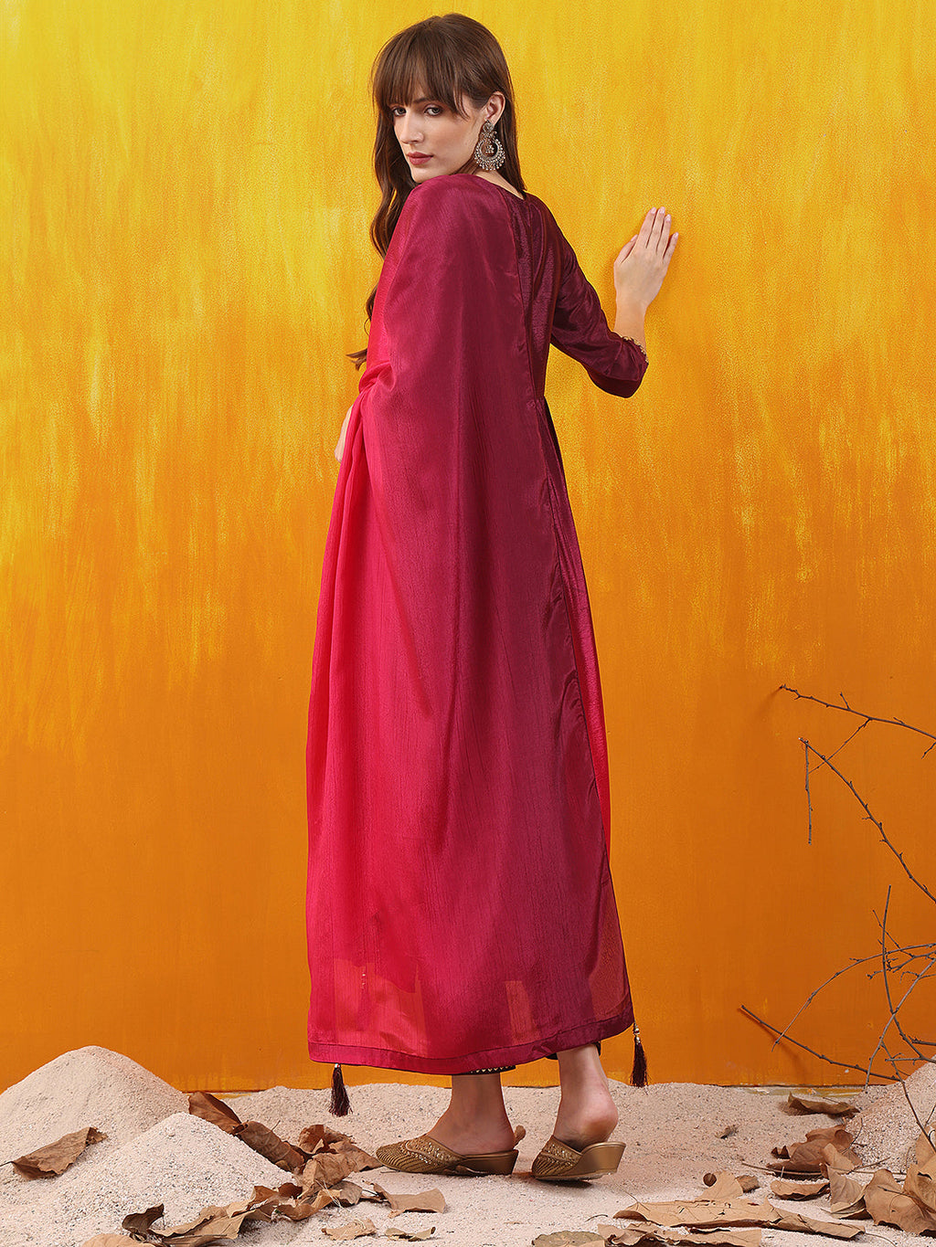 Alia Cut Embroidered Silk Blend Kurta with pant & Dupatta  (Wine) Hiralal Fashion