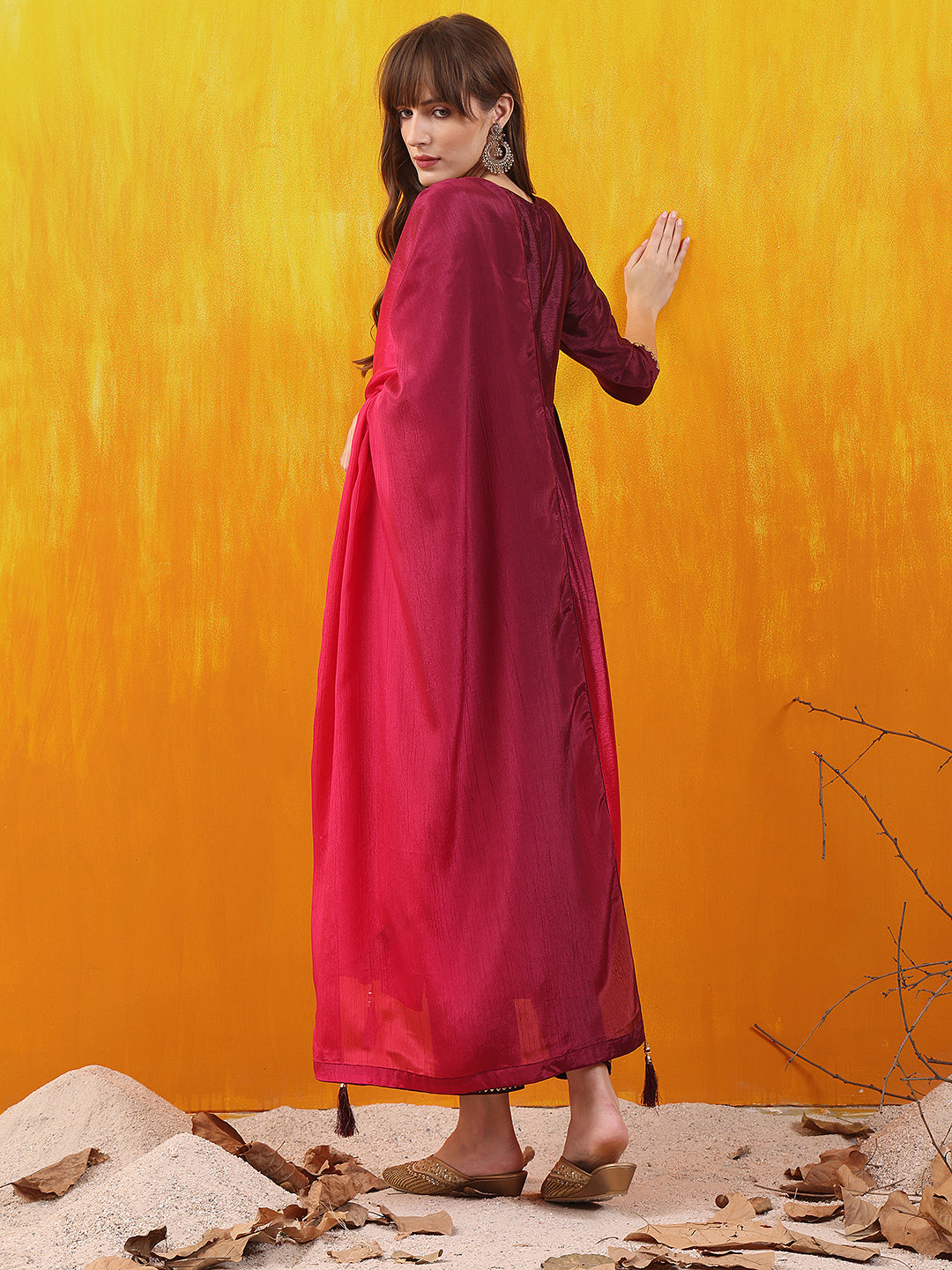 Alia Cut Embroidered Silk Blend Kurta with pant & Dupatta  (Wine) Hiralal Fashion