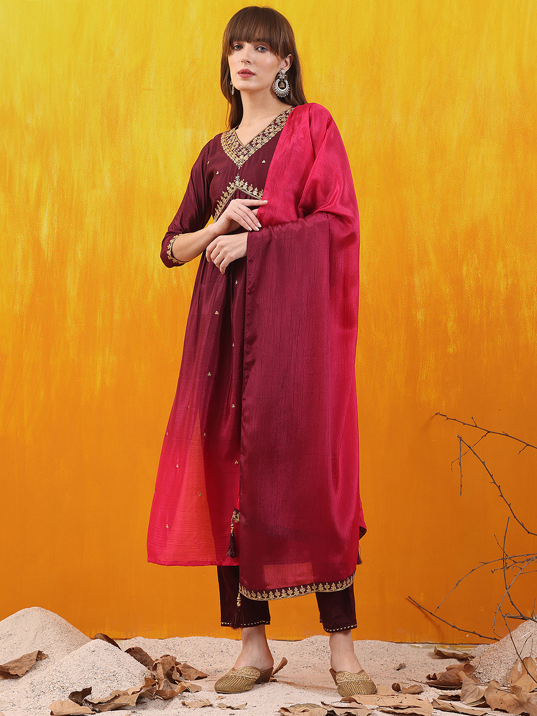 Alia Cut Embroidered Silk Blend Kurta with pant & Dupatta  (Wine) Hiralal Fashion
