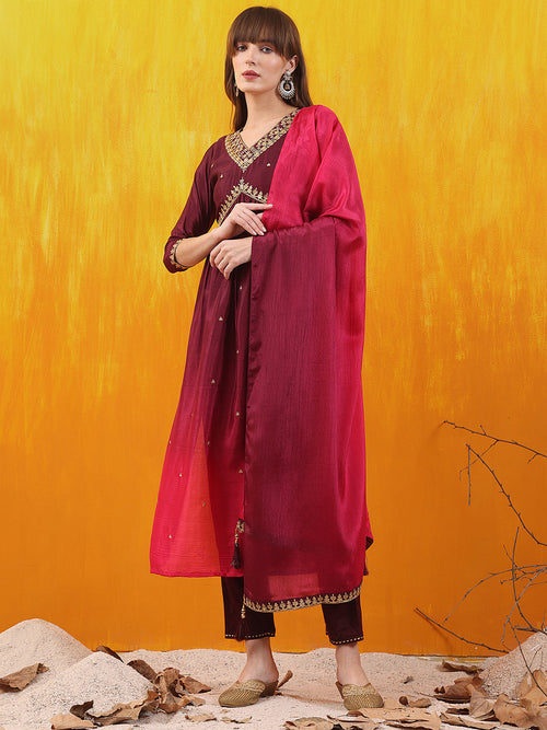 Alia Cut Embroidered Silk Blend Kurta with pant & Dupatta  (Wine) Hiralal Fashion