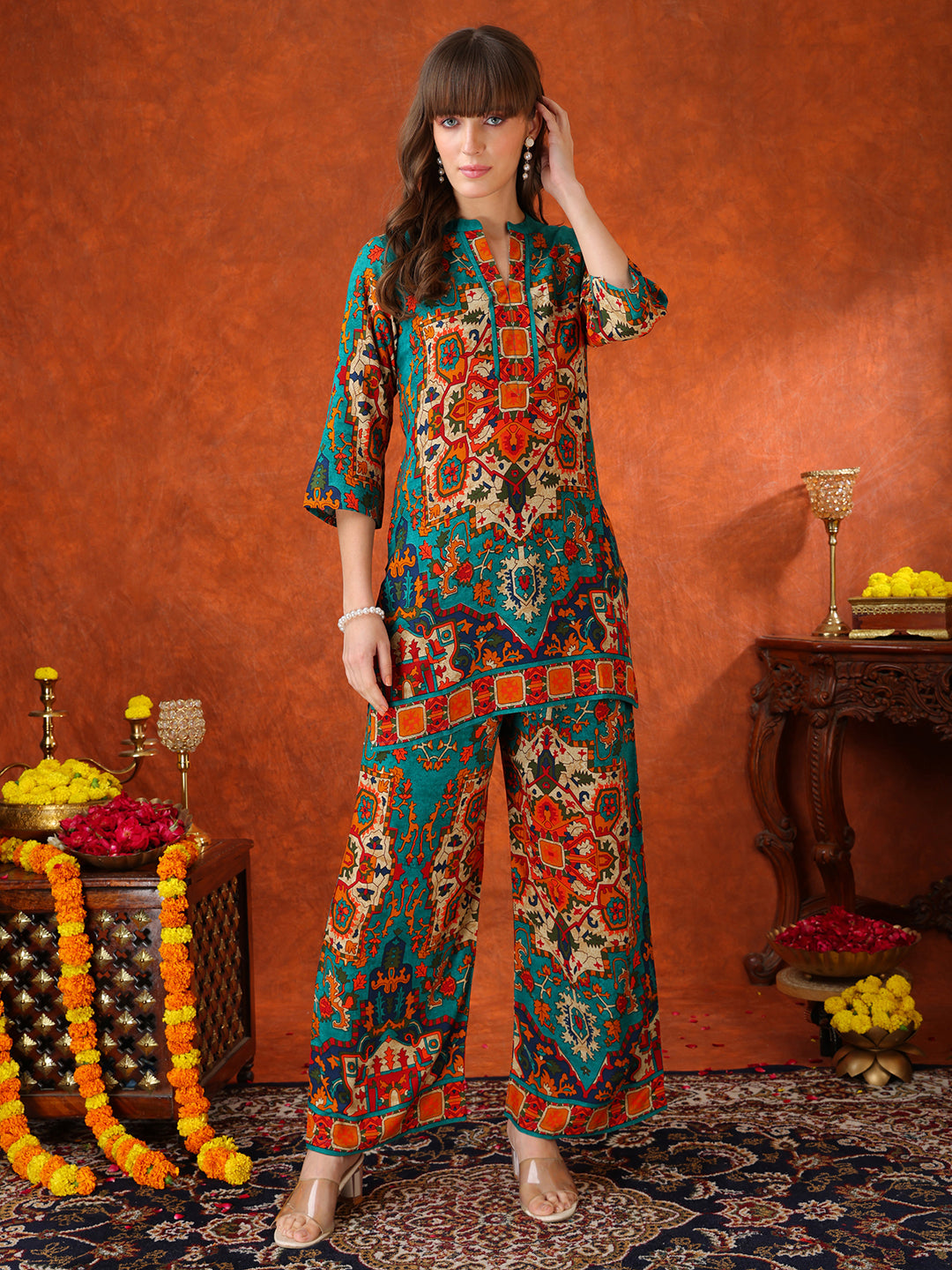 Ethnic Printed Co ords (Teal) Hiralal Fashion