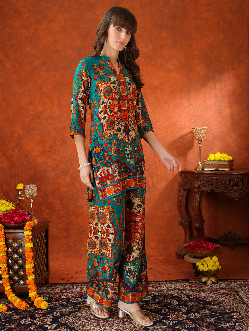 Ethnic Printed Co ords (Teal) Hiralal Fashion