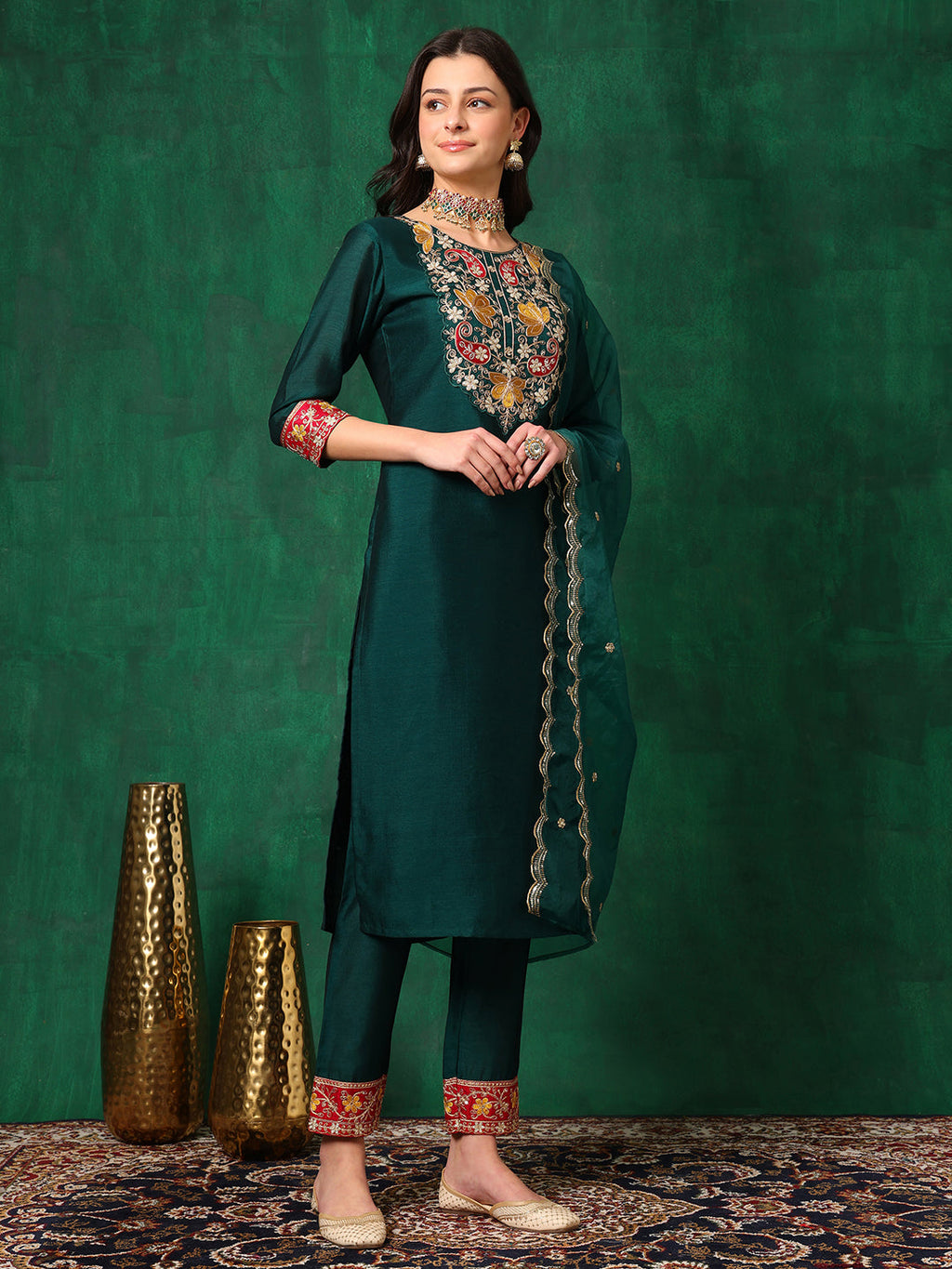 Embroidered Kurta with pant & Embroidered Dupatta (Green) Hiralal Fashion