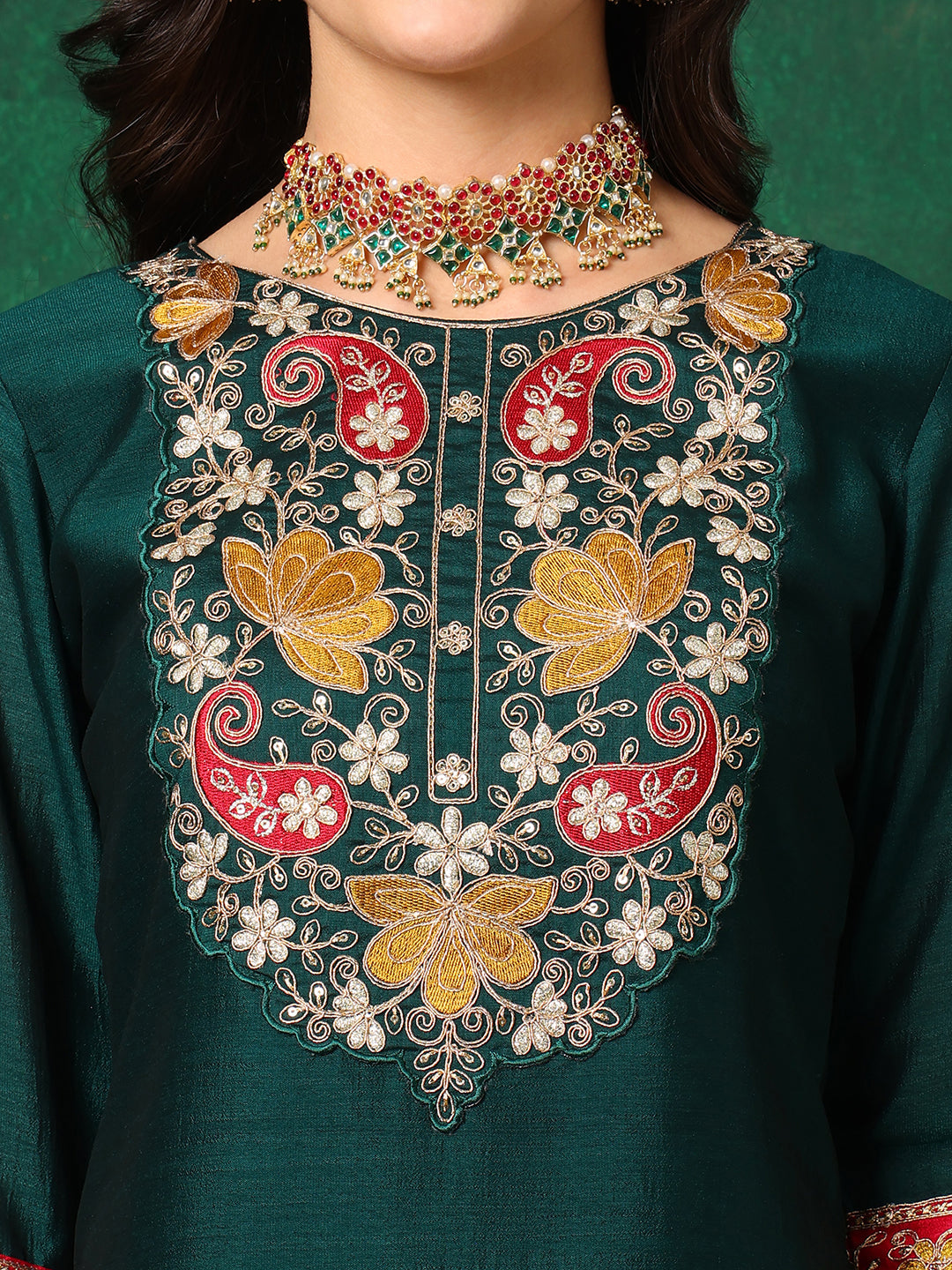 Embroidered Kurta with pant & Embroidered Dupatta (Green) Hiralal Fashion