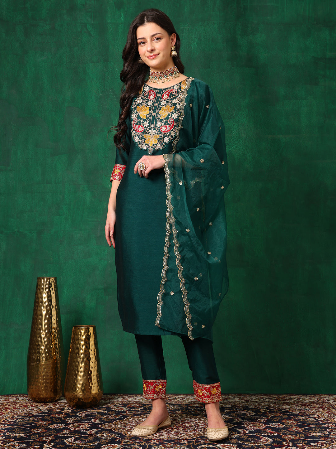 Embroidered Kurta with pant & Embroidered Dupatta (Green) Hiralal Fashion