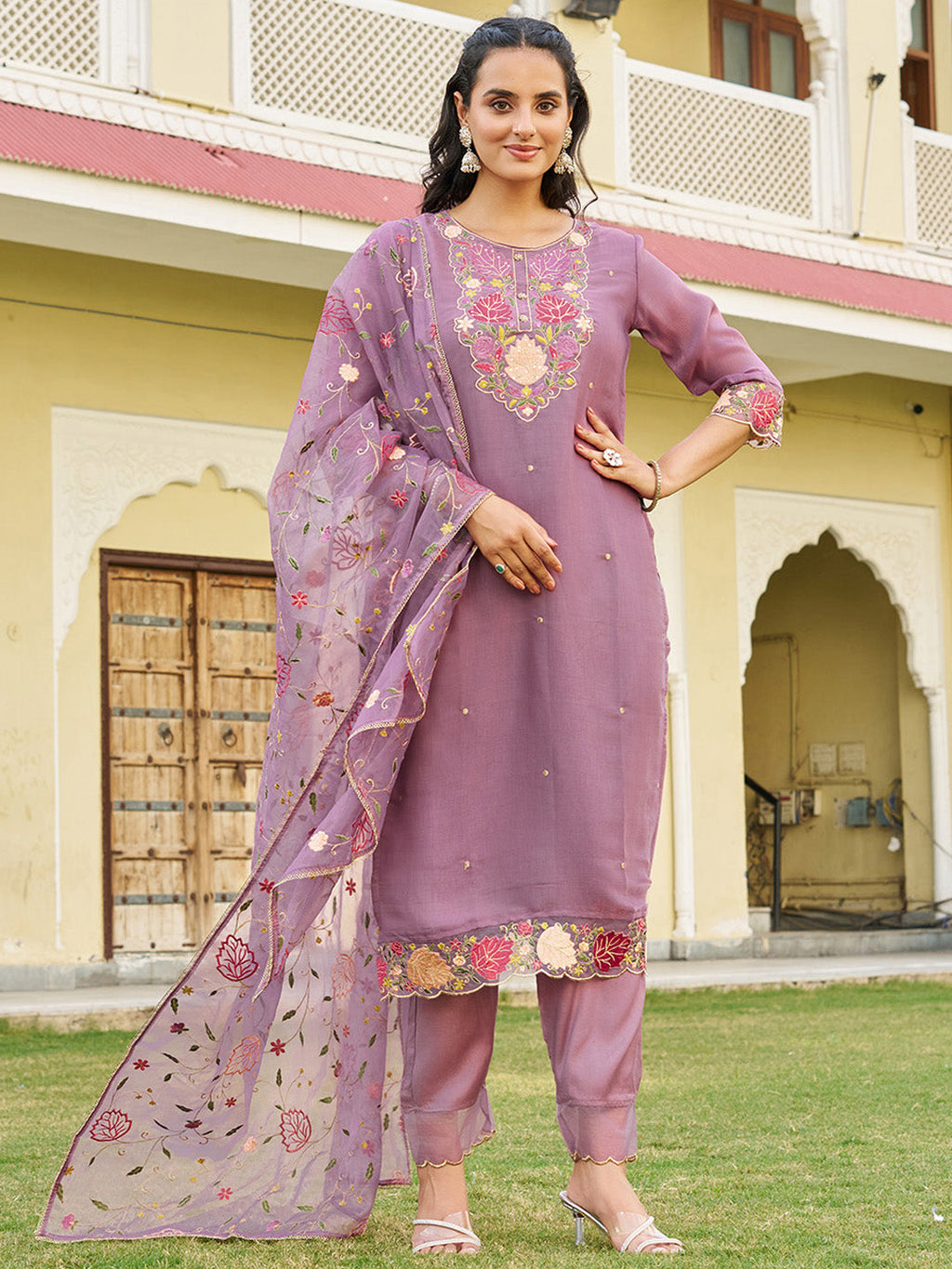 Embroidered Kurta with Pant & Embroidered Dupatta (Purple) Hiralal Fashion