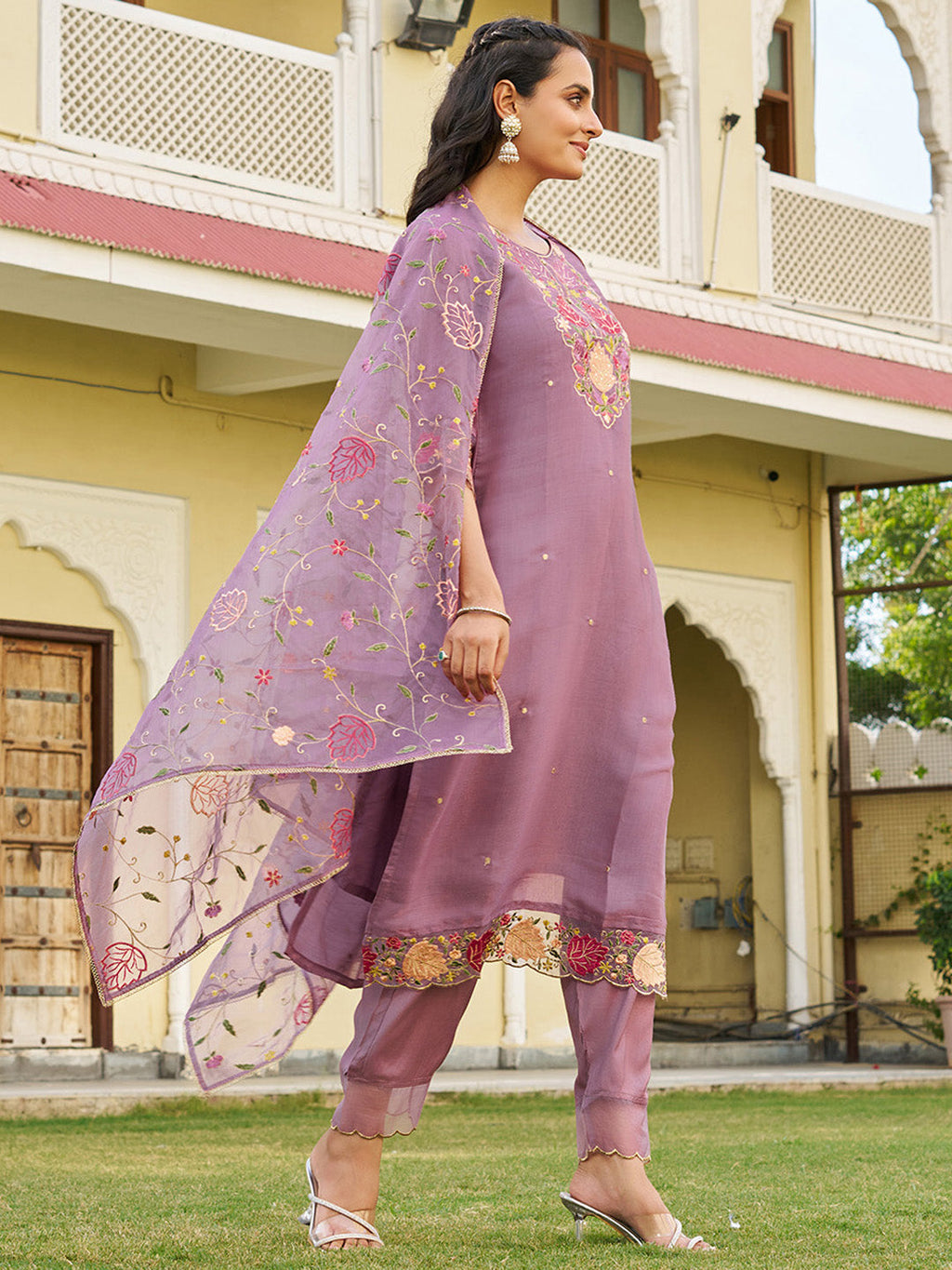 Embroidered Kurta with Pant & Embroidered Dupatta (Purple) Hiralal Fashion