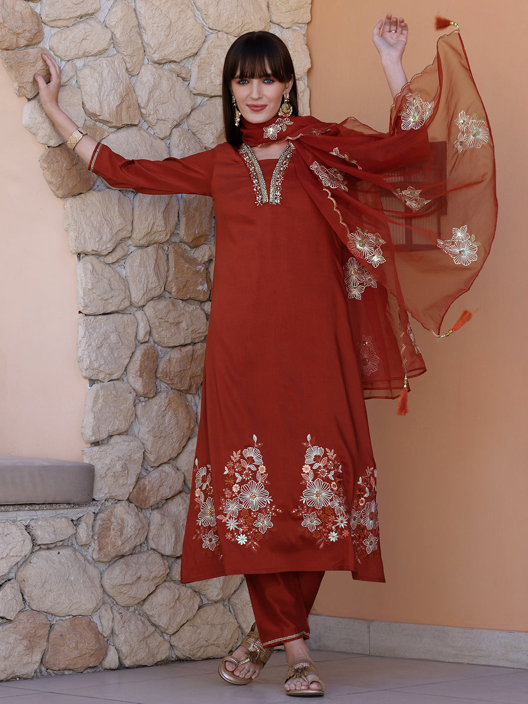 Hand embroidered Aline kurta with pant & Embroidered Dupatta (Rust) Hiralal Fashion