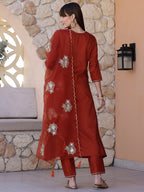 Hand embroidered Aline kurta with pant & Embroidered Dupatta (Rust) Hiralal Fashion