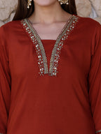 Hand embroidered Aline kurta with pant & Embroidered Dupatta (Rust) Hiralal Fashion