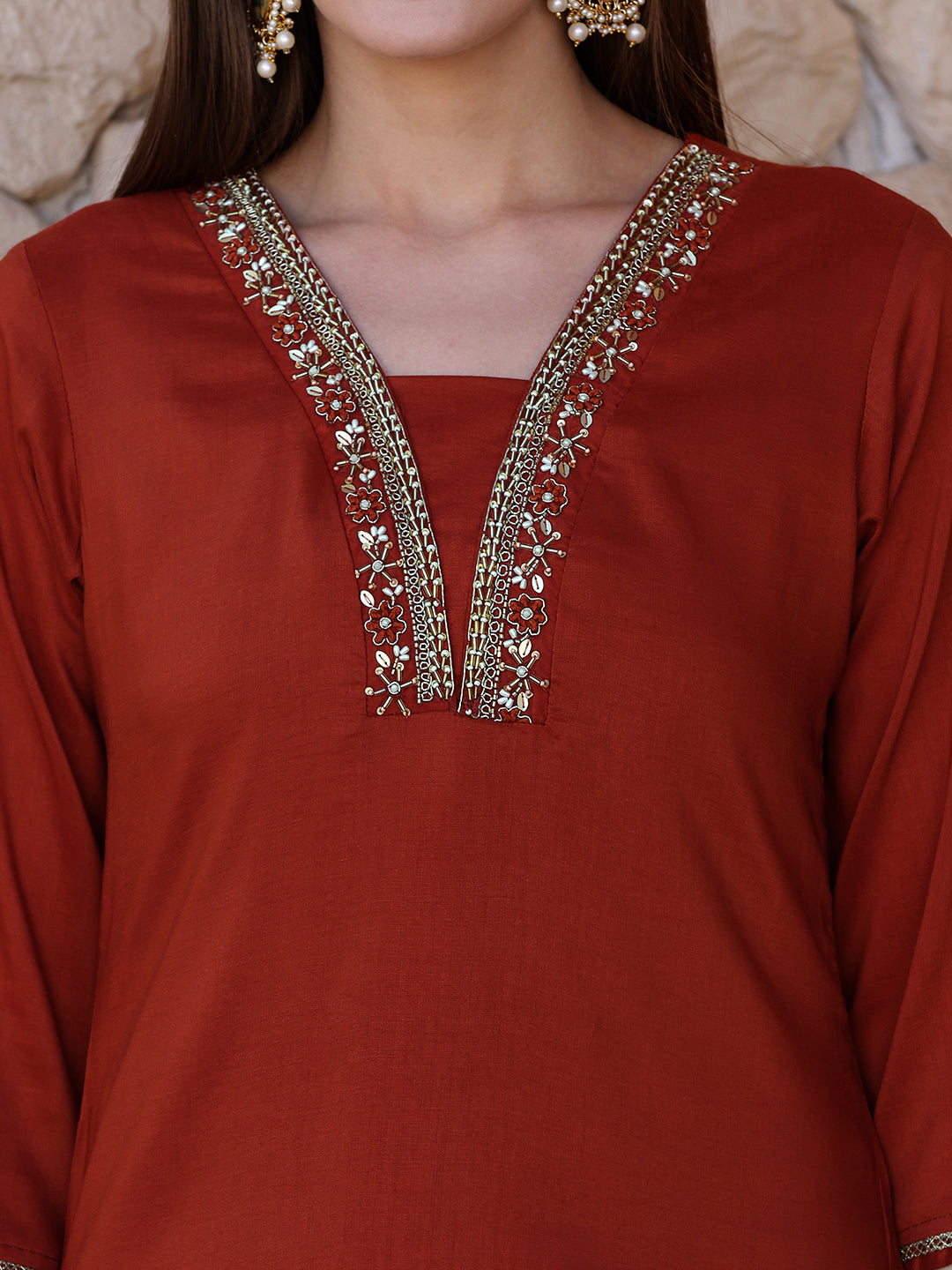 Hand embroidered Aline kurta with pant & Embroidered Dupatta (Rust) Hiralal Fashion