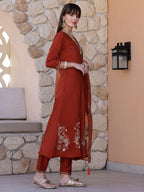 Hand embroidered Aline kurta with pant & Embroidered Dupatta (Rust) Hiralal Fashion