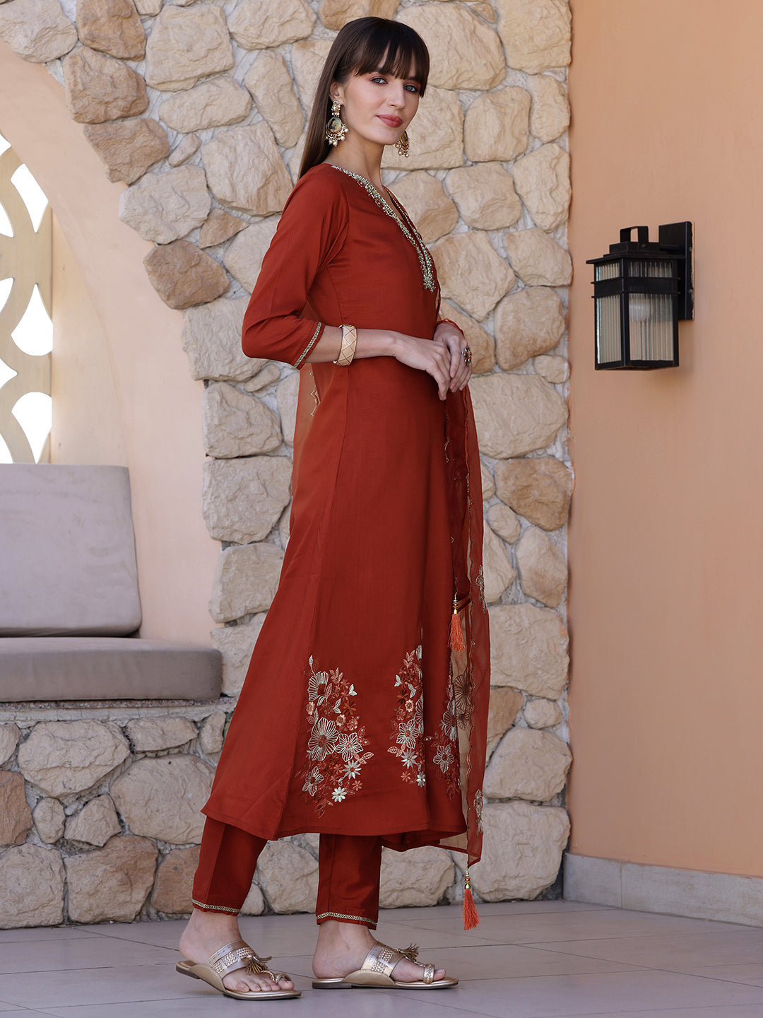 Hand embroidered Aline kurta with pant & Embroidered Dupatta (Rust) Hiralal Fashion