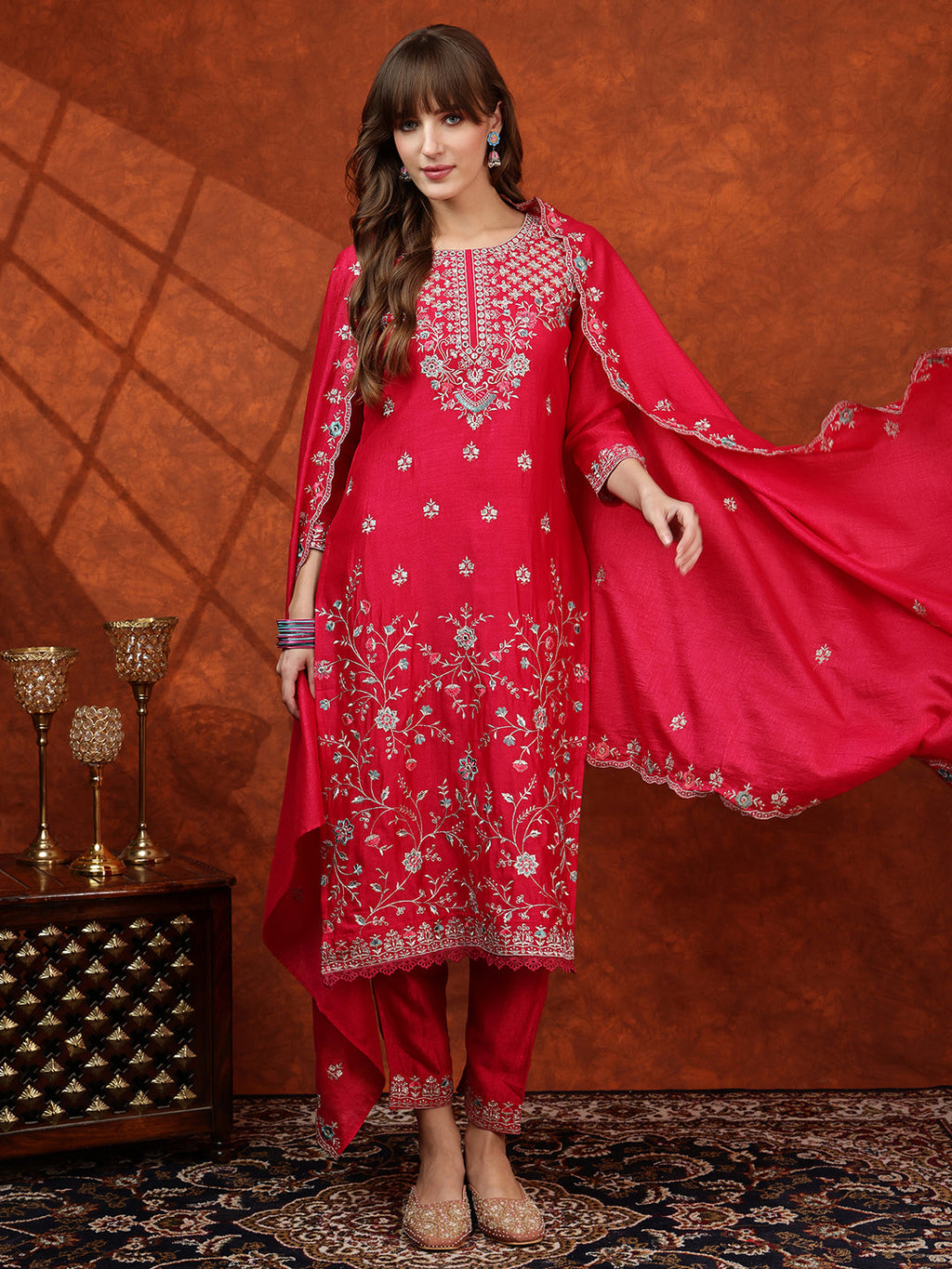 Embroidered Kurta with pant & Embroidered Dupatta (Pink) Hiralal Fashion