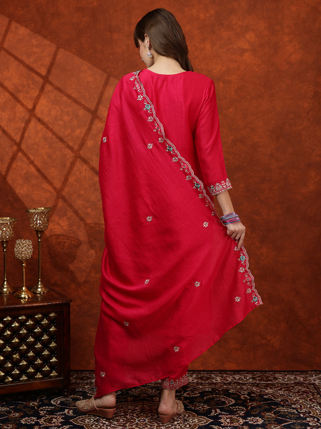 Embroidered Kurta with pant & Embroidered Dupatta (Pink) Hiralal Fashion