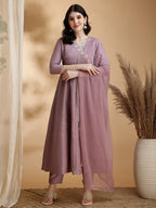 Angrakha Style Embroidered Anarkali Kurta with Pant & Dupatta (Lavender) Hiralal Fashion