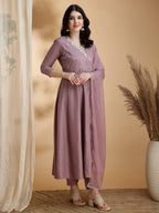 Angrakha Style Embroidered Anarkali Kurta with Pant & Dupatta (Lavender) Hiralal Fashion