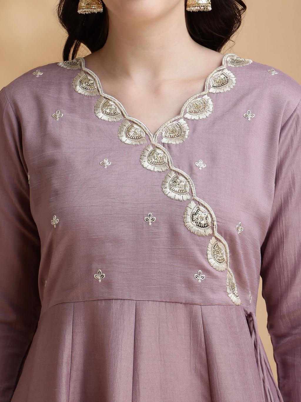 Angrakha Style Embroidered Anarkali Kurta with Pant & Dupatta (Lavender) Hiralal Fashion