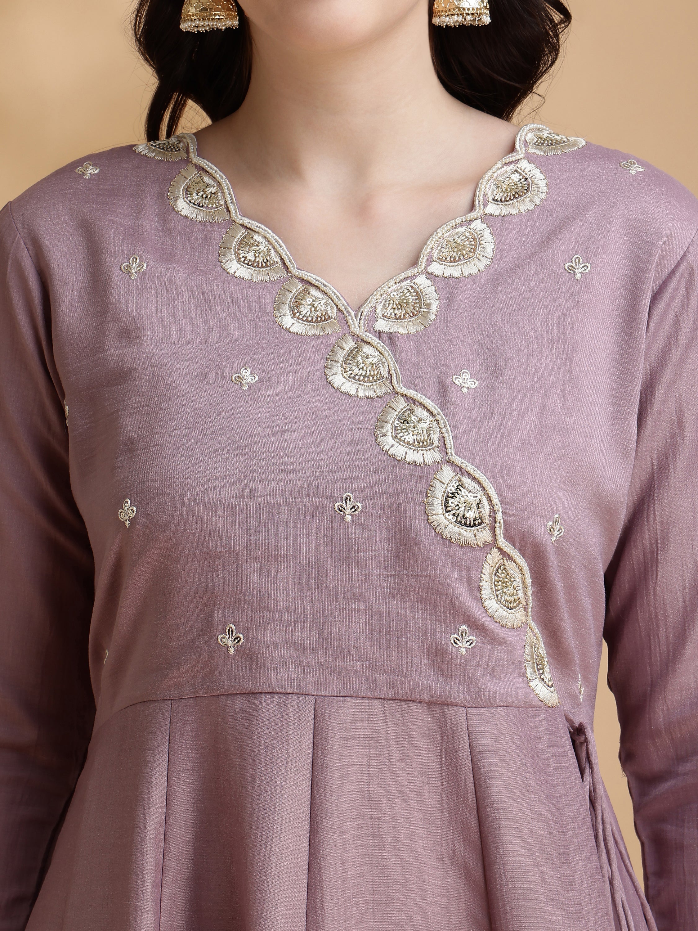 Angrakha Style Embroidered Anarkali Kurta with Pant & Dupatta (Lavender) Hiralal Fashion