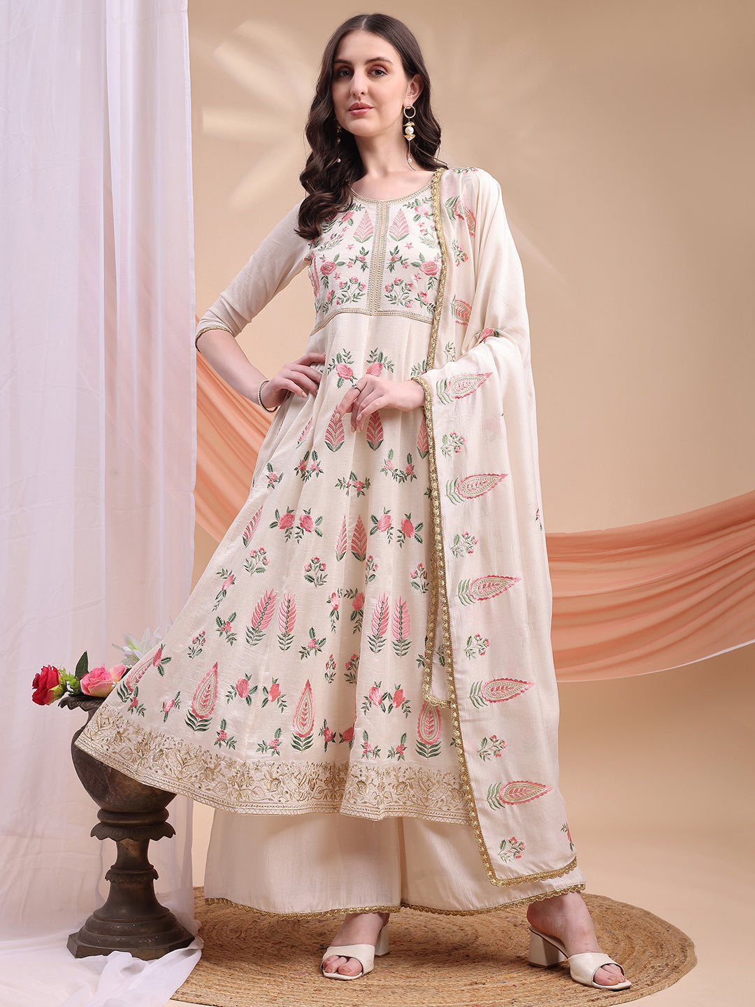 Embroidered Anarkali Kurta with pallazo and dupatta (Cream) Hiralal Fashion
