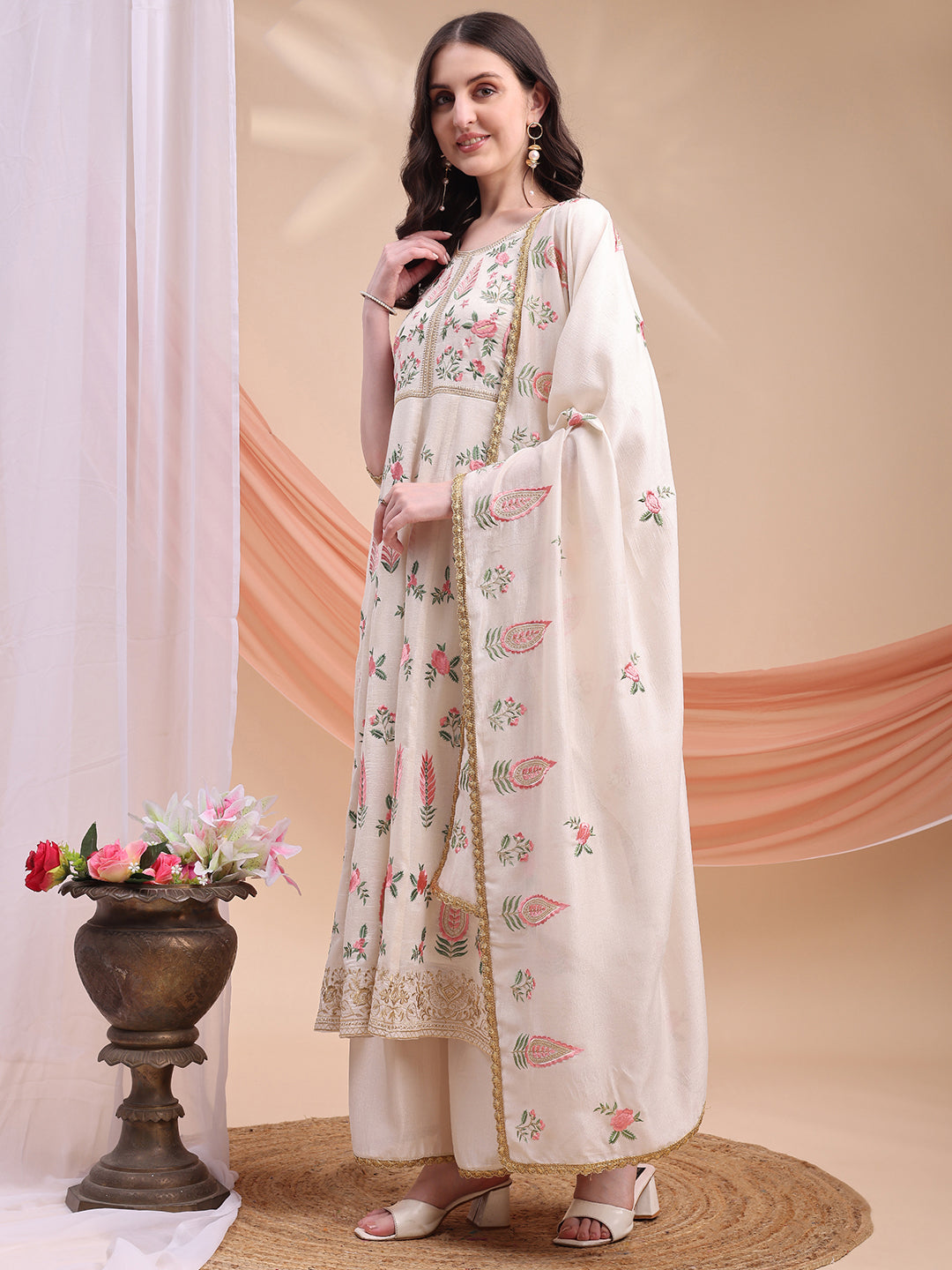 Embroidered Anarkali Kurta with pallazo and dupatta (Cream) Hiralal Fashion