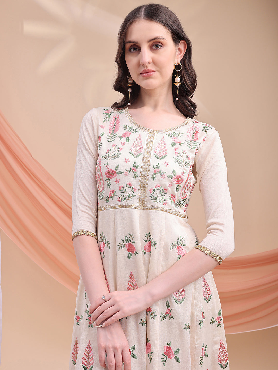 Embroidered Anarkali Kurta with pallazo and dupatta (Cream) Hiralal Fashion