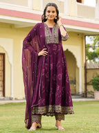 Mirror Embroidered Anarkali kurta set with scalloped hem, matching pants, and embellished chiffon dupatta (Wine) Hiralal Fashion