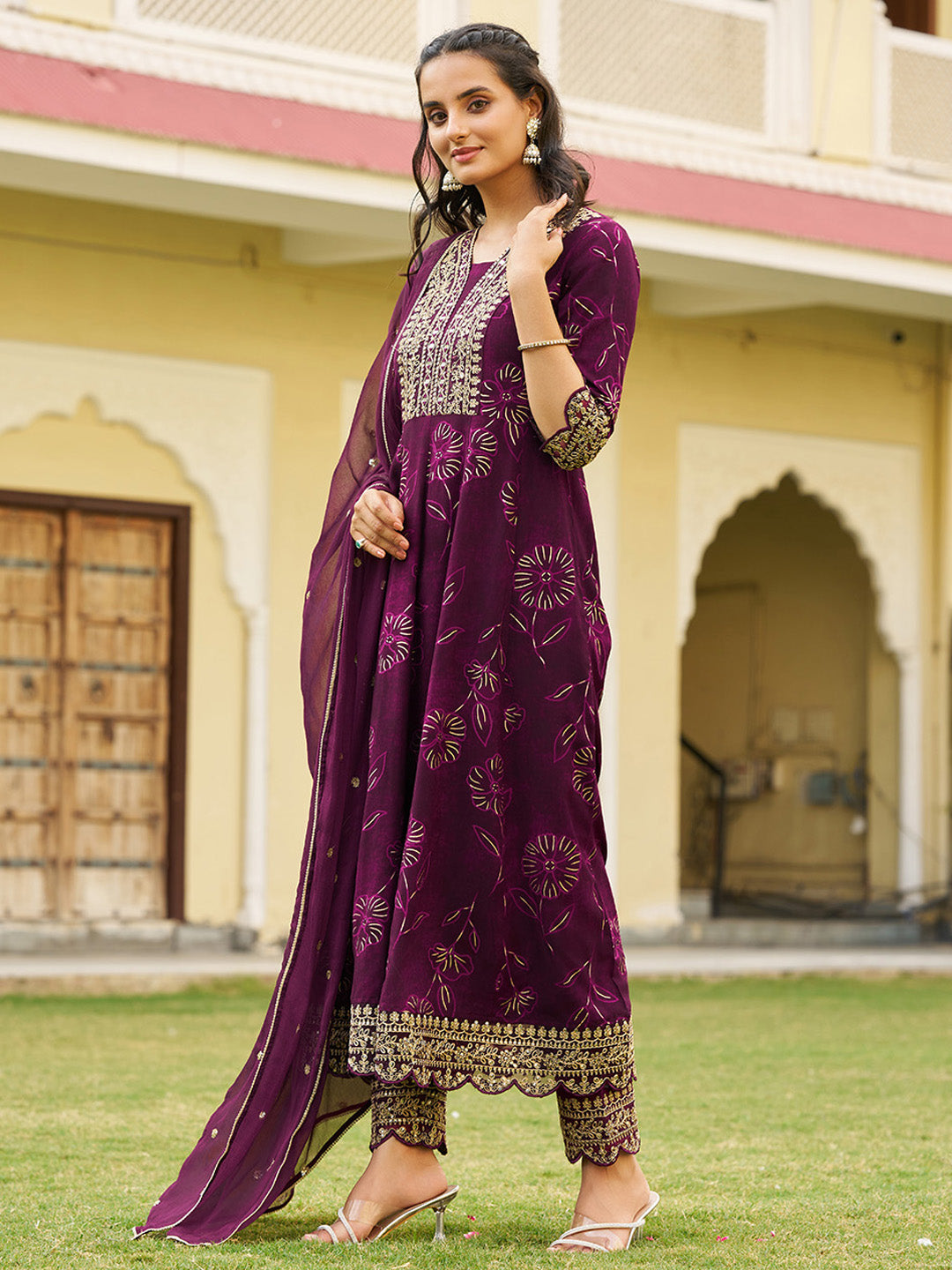 Mirror Embroidered Anarkali kurta set with scalloped hem, matching pants, and embellished chiffon dupatta (Wine) Hiralal Fashion