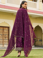 Mirror Embroidered Anarkali kurta set with scalloped hem, matching pants, and embellished chiffon dupatta (Wine) Hiralal Fashion