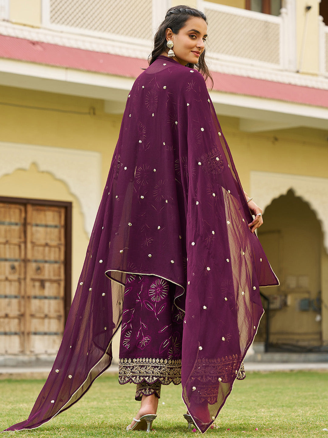 Mirror Embroidered Anarkali kurta set with scalloped hem, matching pants, and embellished chiffon dupatta (Wine) Hiralal Fashion