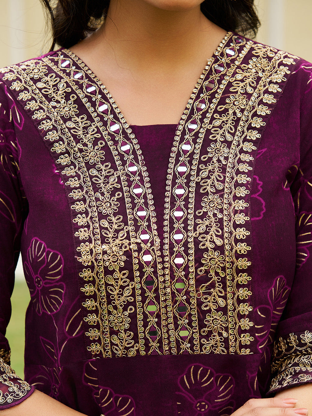 Mirror Embroidered Anarkali kurta set with scalloped hem, matching pants, and embellished chiffon dupatta (Wine) Hiralal Fashion