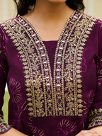 Mirror Embroidered Anarkali kurta set with scalloped hem, matching pants, and embellished chiffon dupatta (Wine) Hiralal Fashion