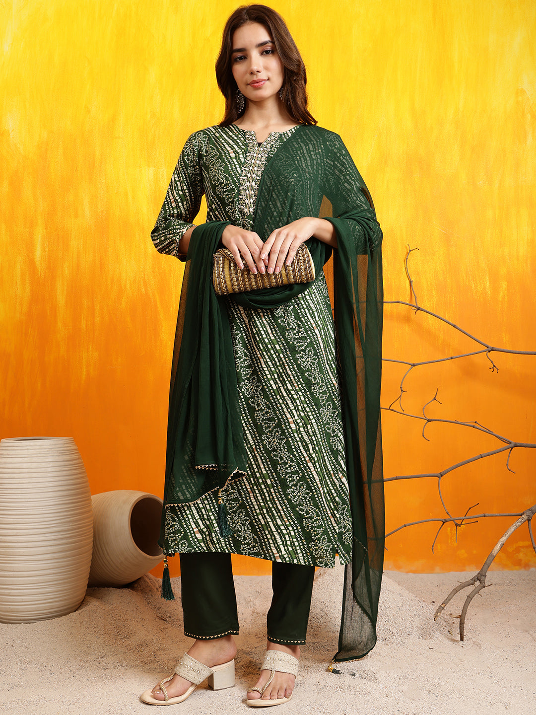 Embroidered & bandhani printed Kurta with Pant & Dupatta (Green) Hiralal Fashion