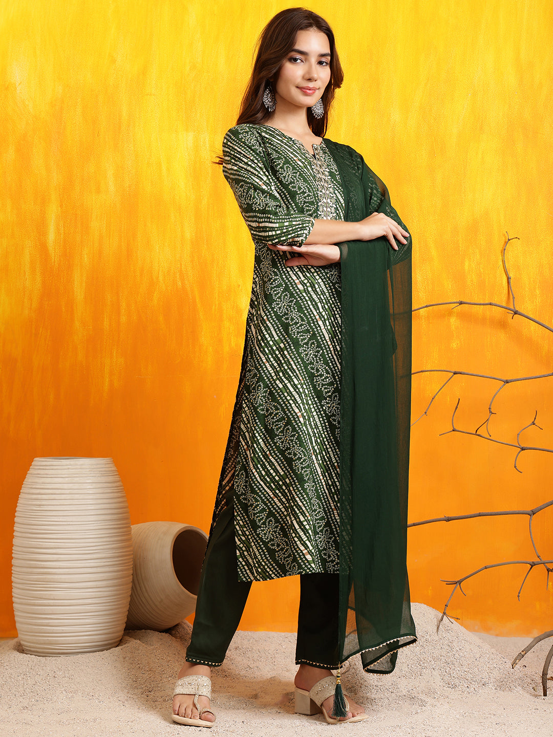 Embroidered & bandhani printed Kurta with Pant & Dupatta (Green) Hiralal Fashion