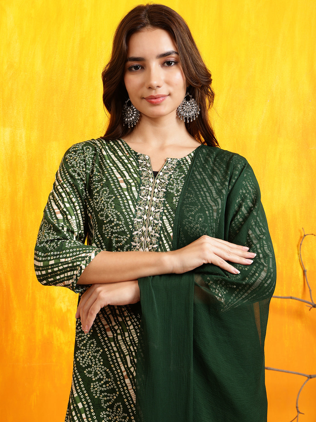 Embroidered & bandhani printed Kurta with Pant & Dupatta (Green) Hiralal Fashion