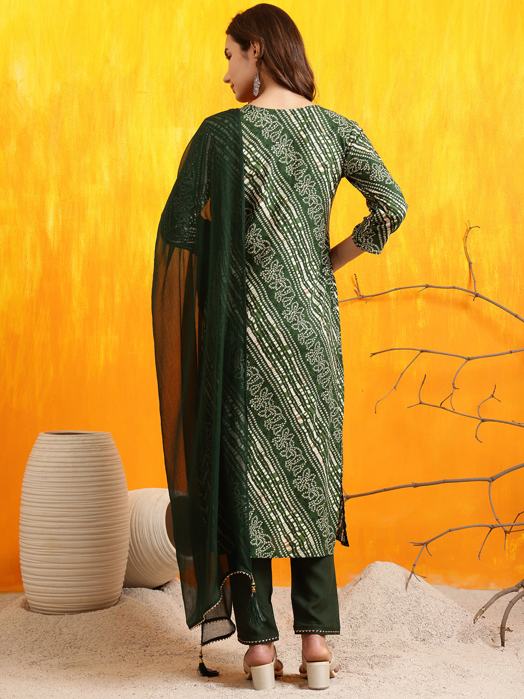 Embroidered & bandhani printed Kurta with Pant & Dupatta (Green) Hiralal Fashion